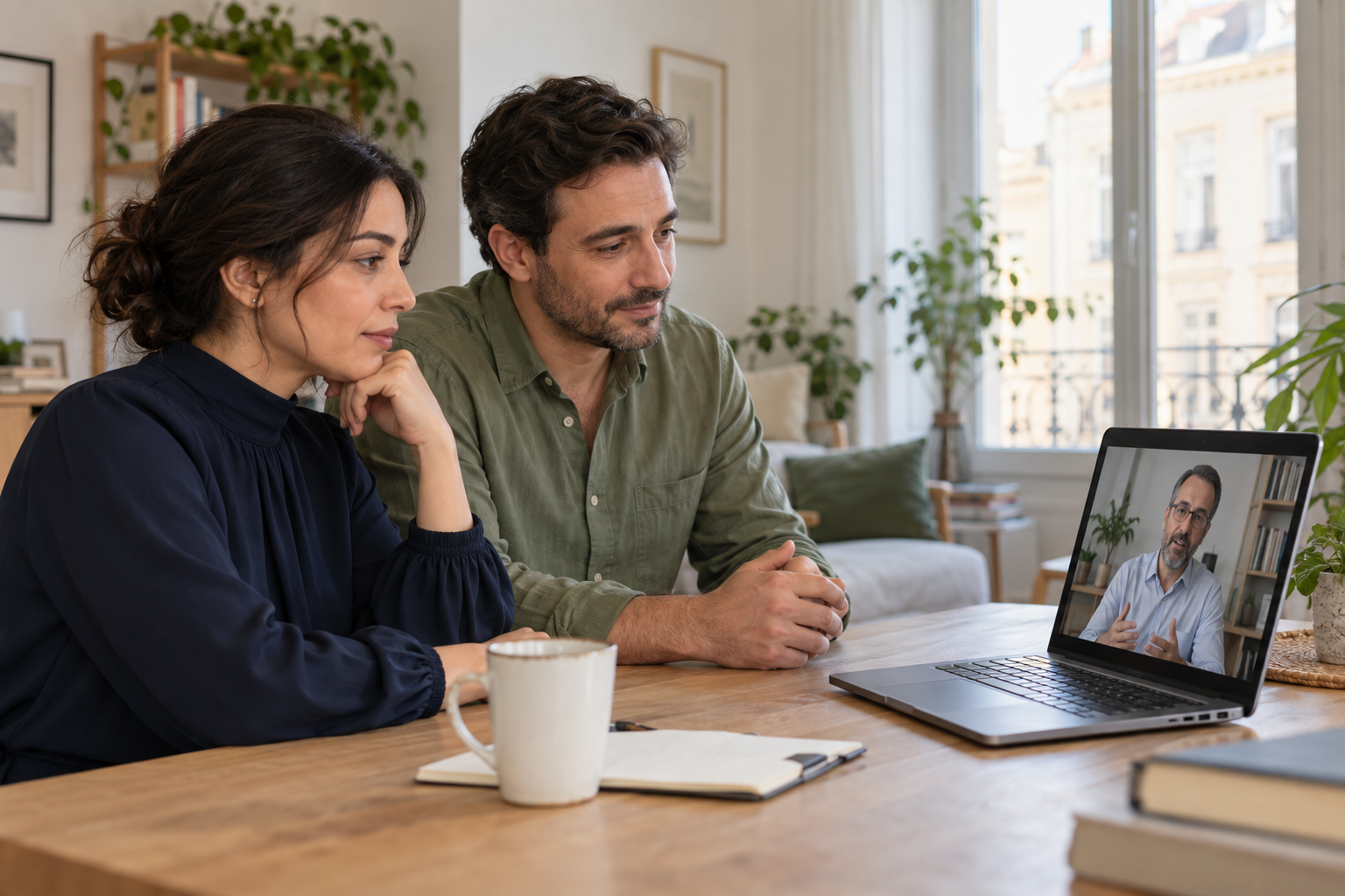 Birlikte online görüşmeye katılan yetişkin çift ve laptop ekranındaki danışman